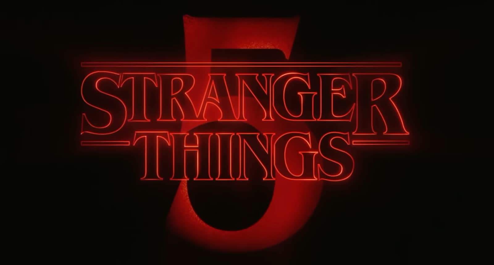 Stranger Things 5 title card — the logo burns red over a storm-torn Hawkins sky